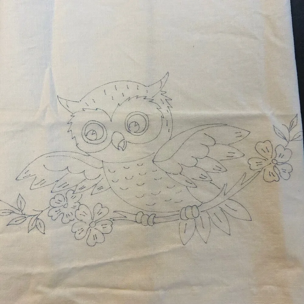 Vintage Stamped Cotton Owl Towel‎ For Embroidery 26x20